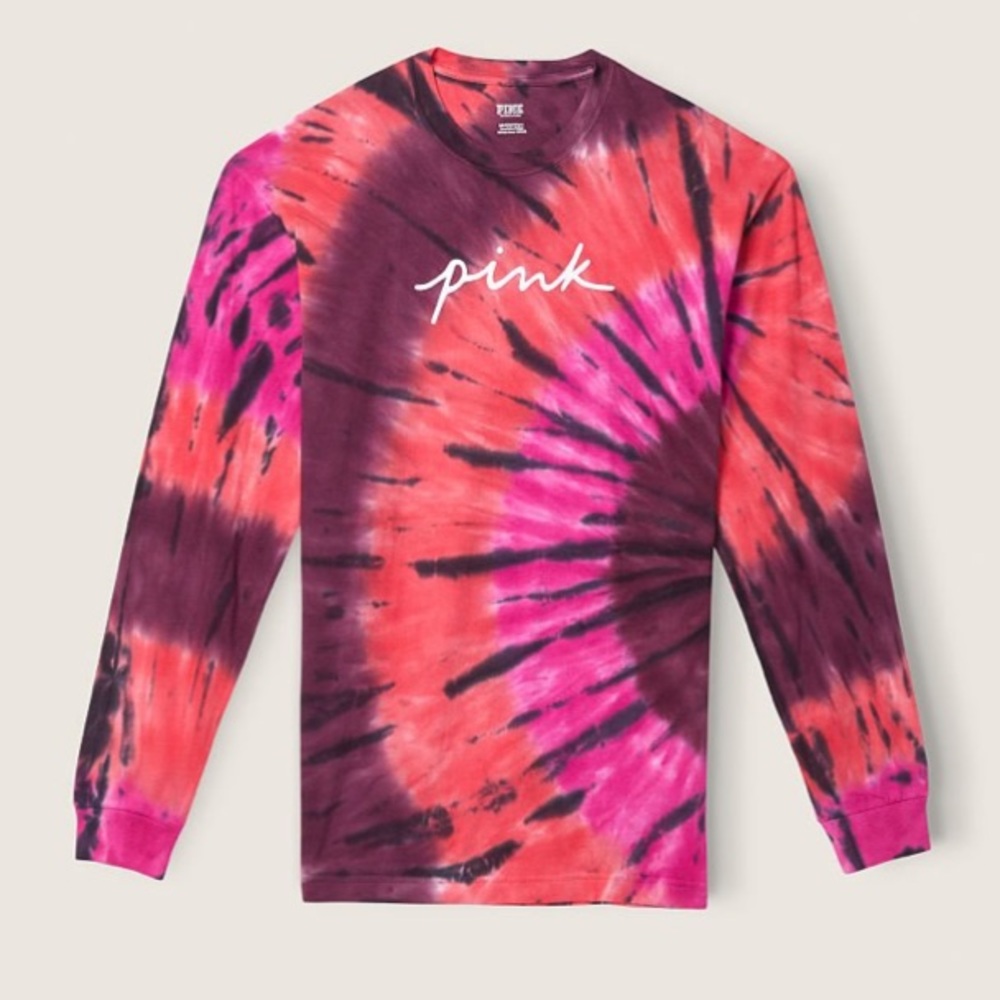 VS VICTORIAS SECRET PINK CAMPUS LONG SLEEVE TEE TOP SUPERNOVA TIE DYE SCRIPT M - Picture 5 of 7